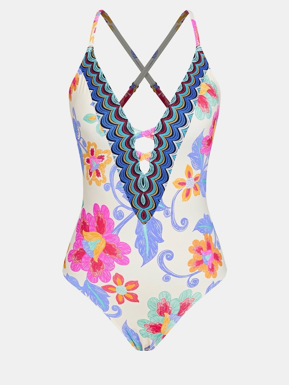 Cupshe Cream Floral Scalloped V-Neck One-Piece Swimsuit with Multicolor Trim